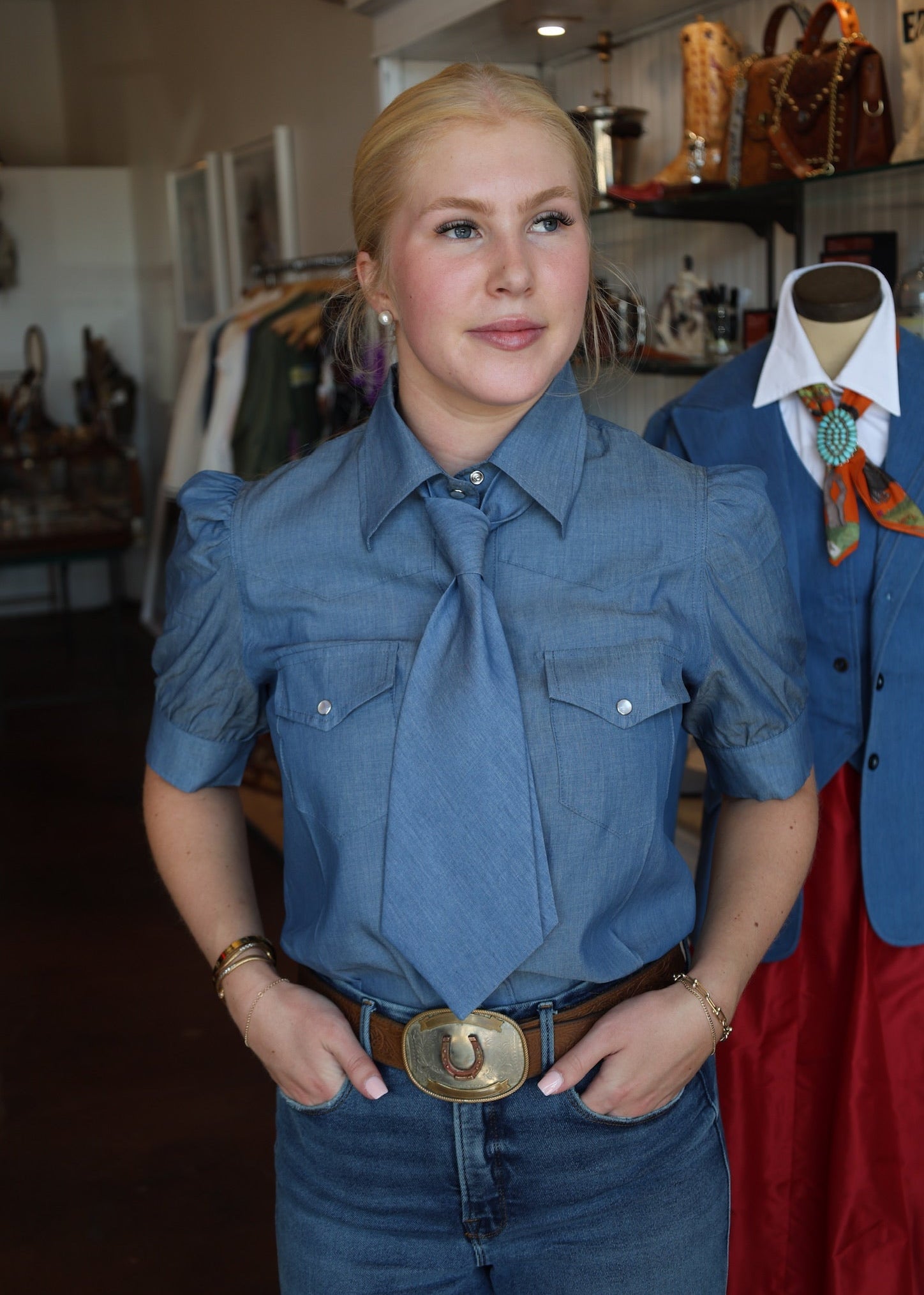 Women's Short Sleeve Western Shirt with Tie