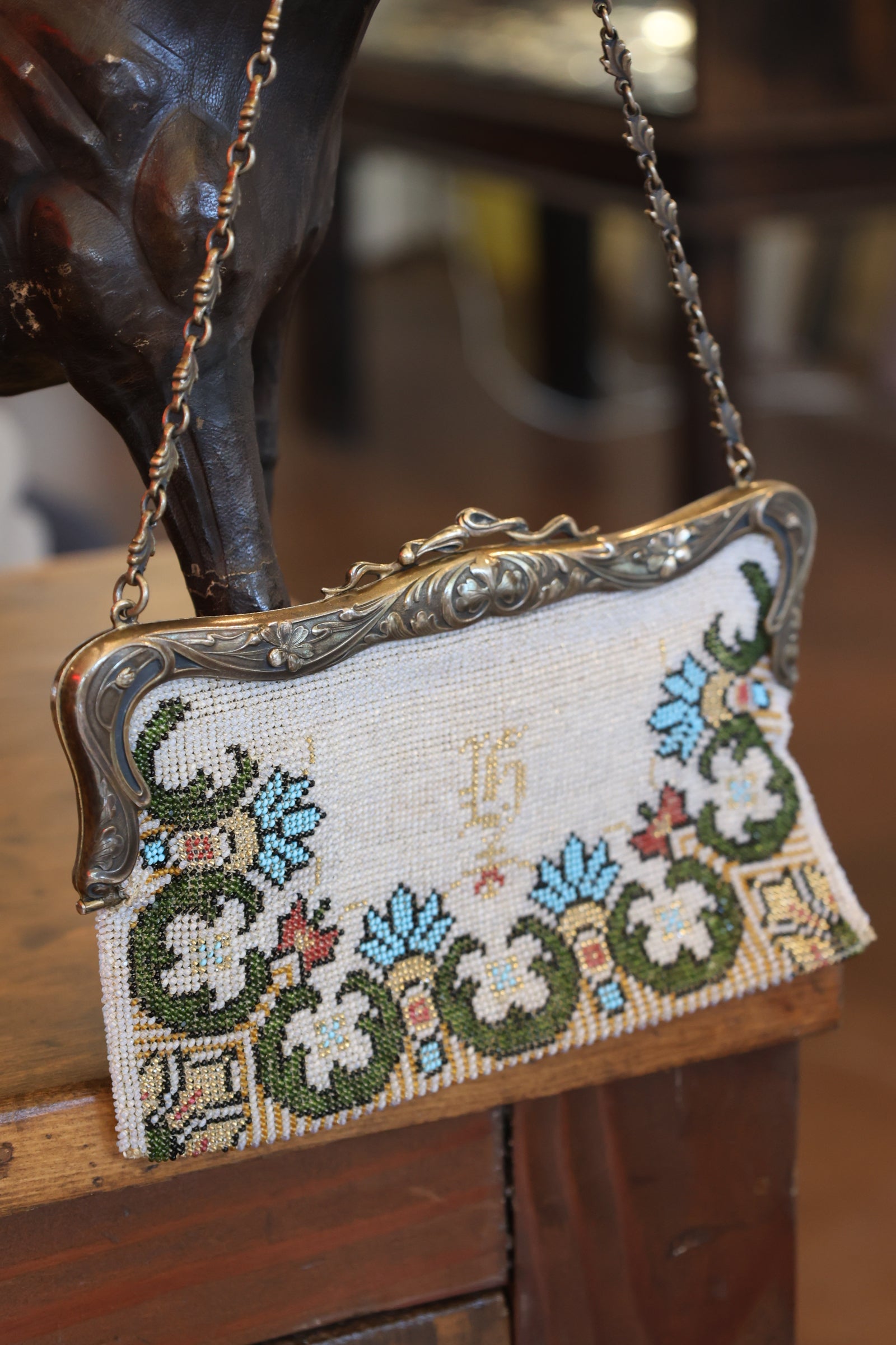 Vintage Beaded Purse with Sterling Silver Strap