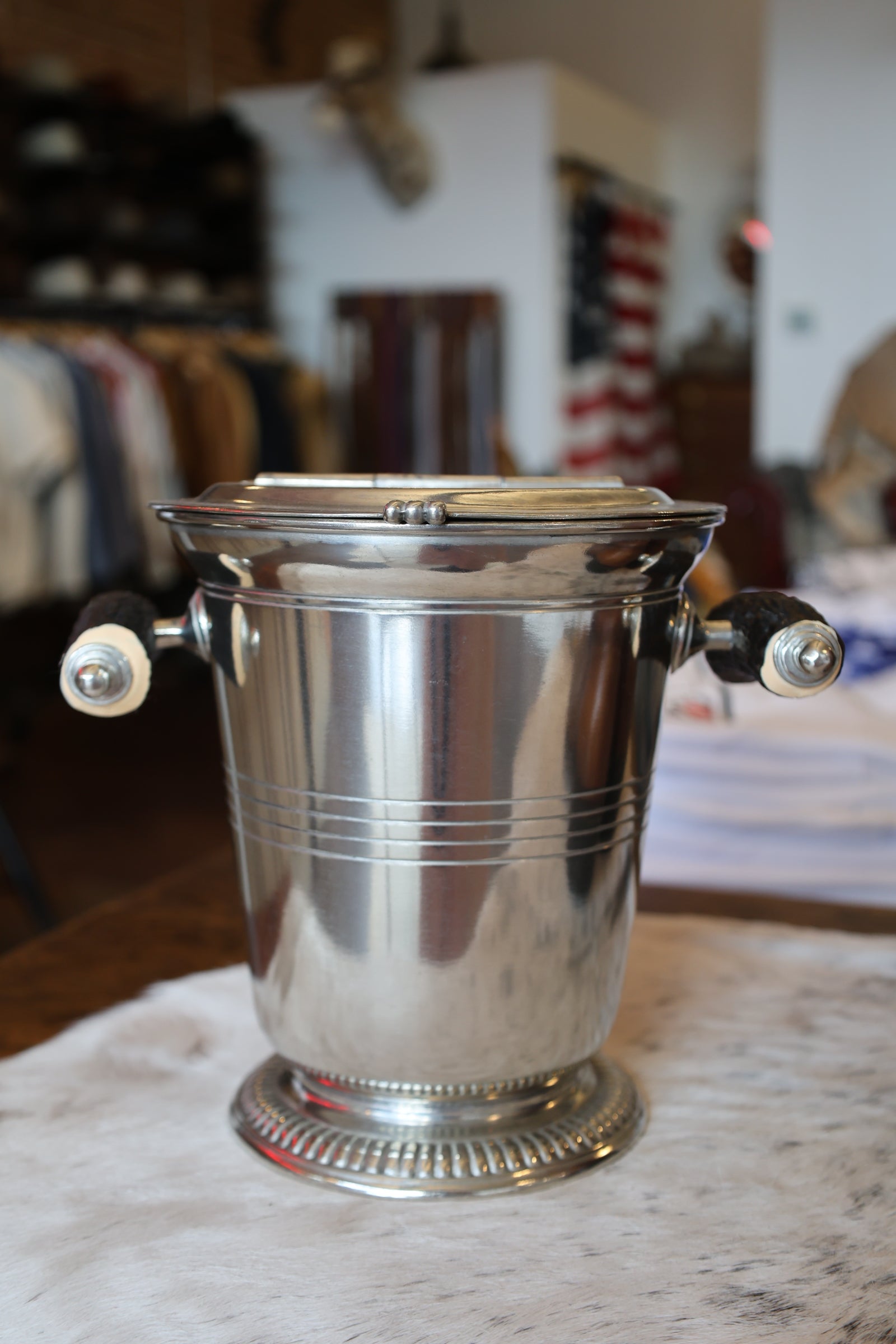Pewter Ice Bucket with Antler Handles
