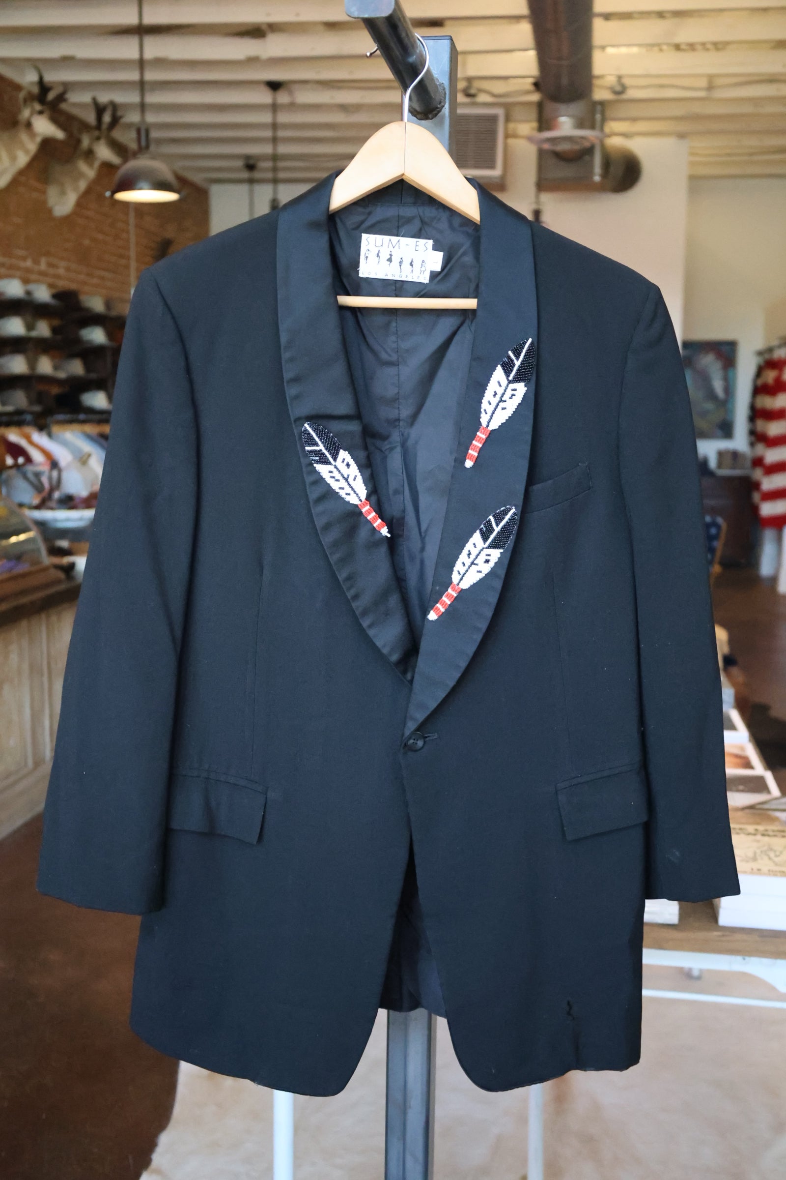 Sum-Es Black Tuxedo Jacket with Beaded Feathers