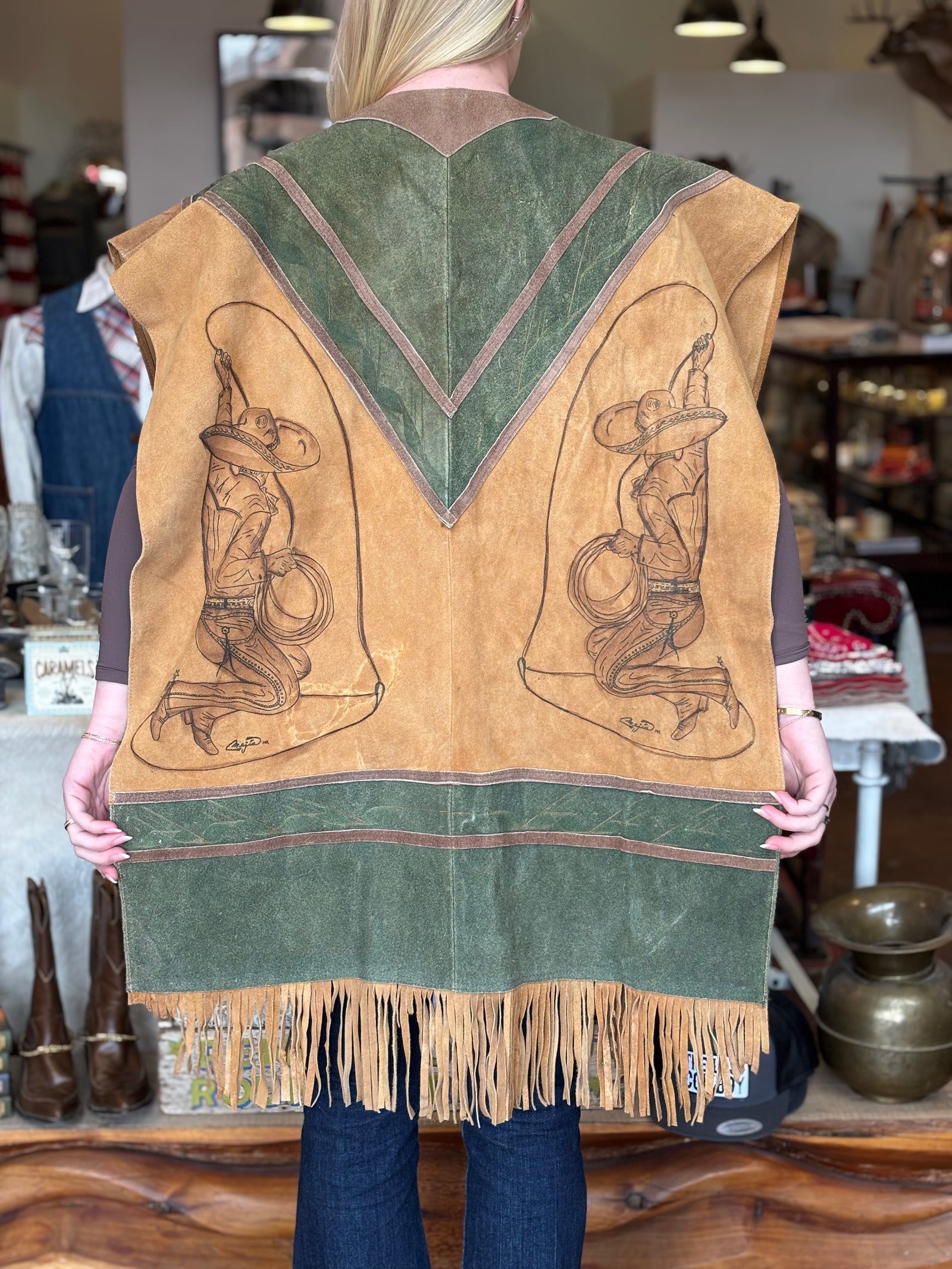 Vintage Suede Sombrero Cowboy Poncho