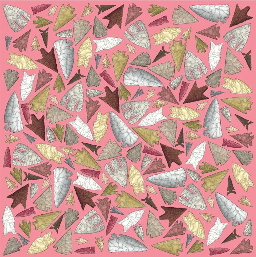 A repeating pattern of illustrated prehistoric stone arrowheads and small star motifs scattered across a solid pink background.