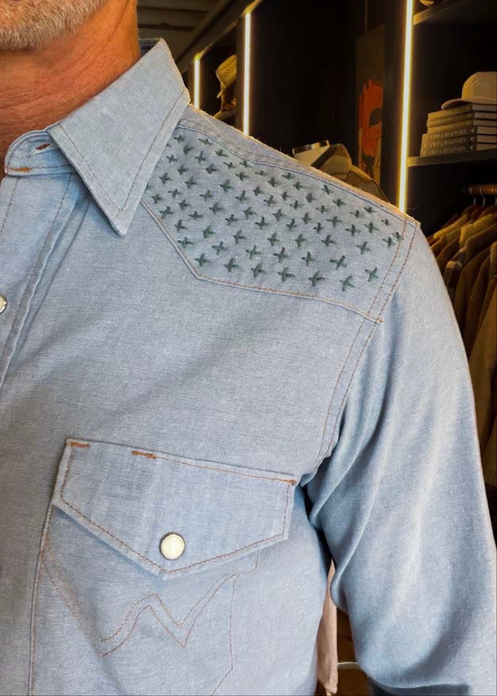 Wrangler Chambray Sashiko Detailed Shirt