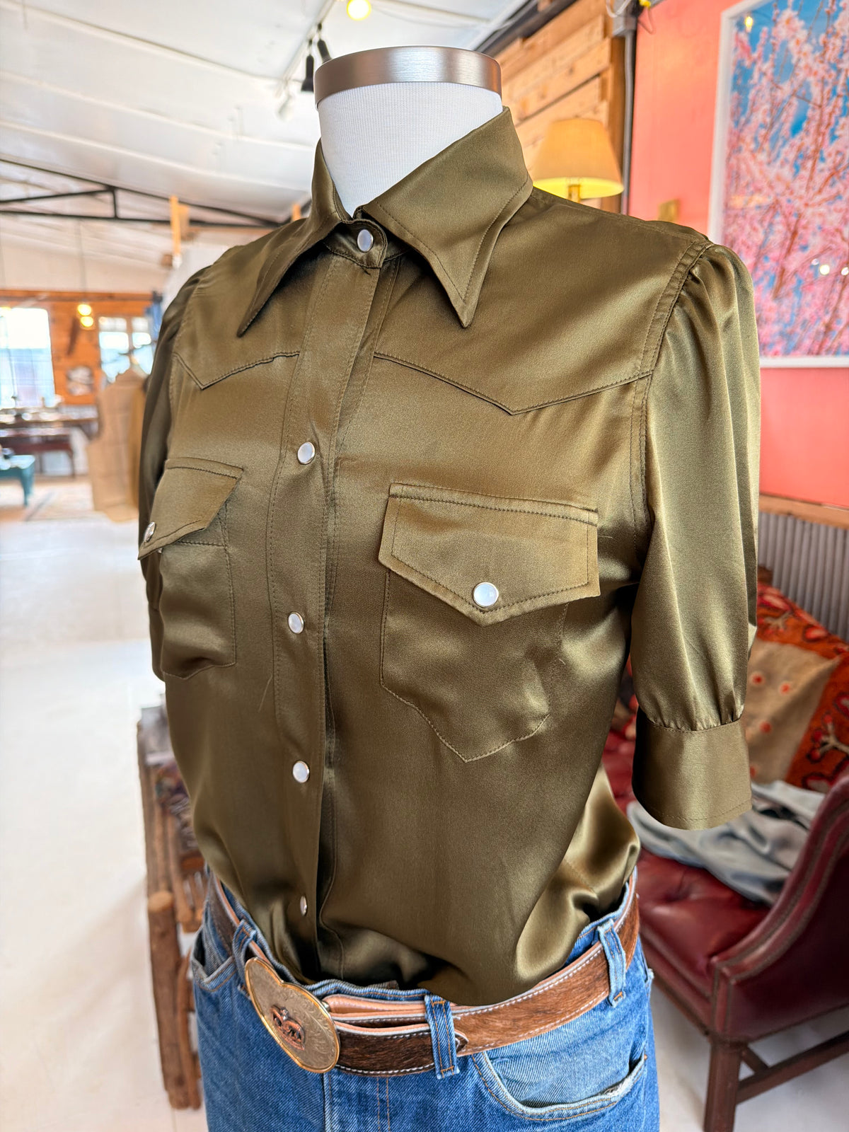 Olive Silk Charmeuse Women's Western Shirt