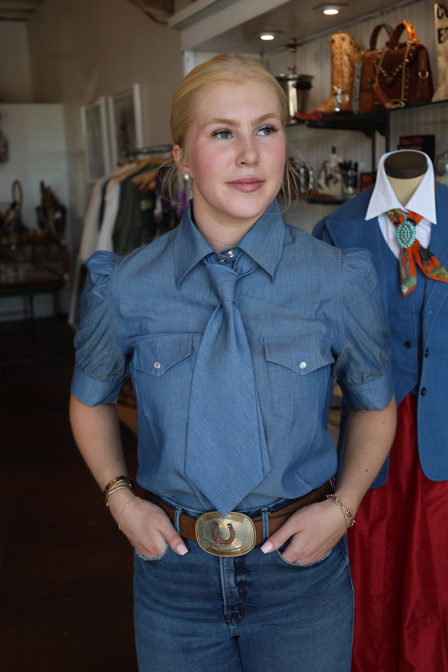 Women's Short Sleeve Western Shirt with Tie