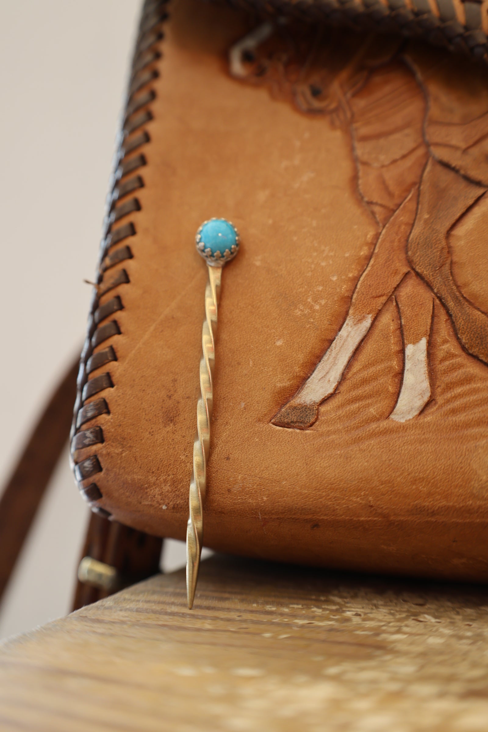 Brass and Sterling Silver Turquoise Stone Cowboy Toothpick - Hat Pin