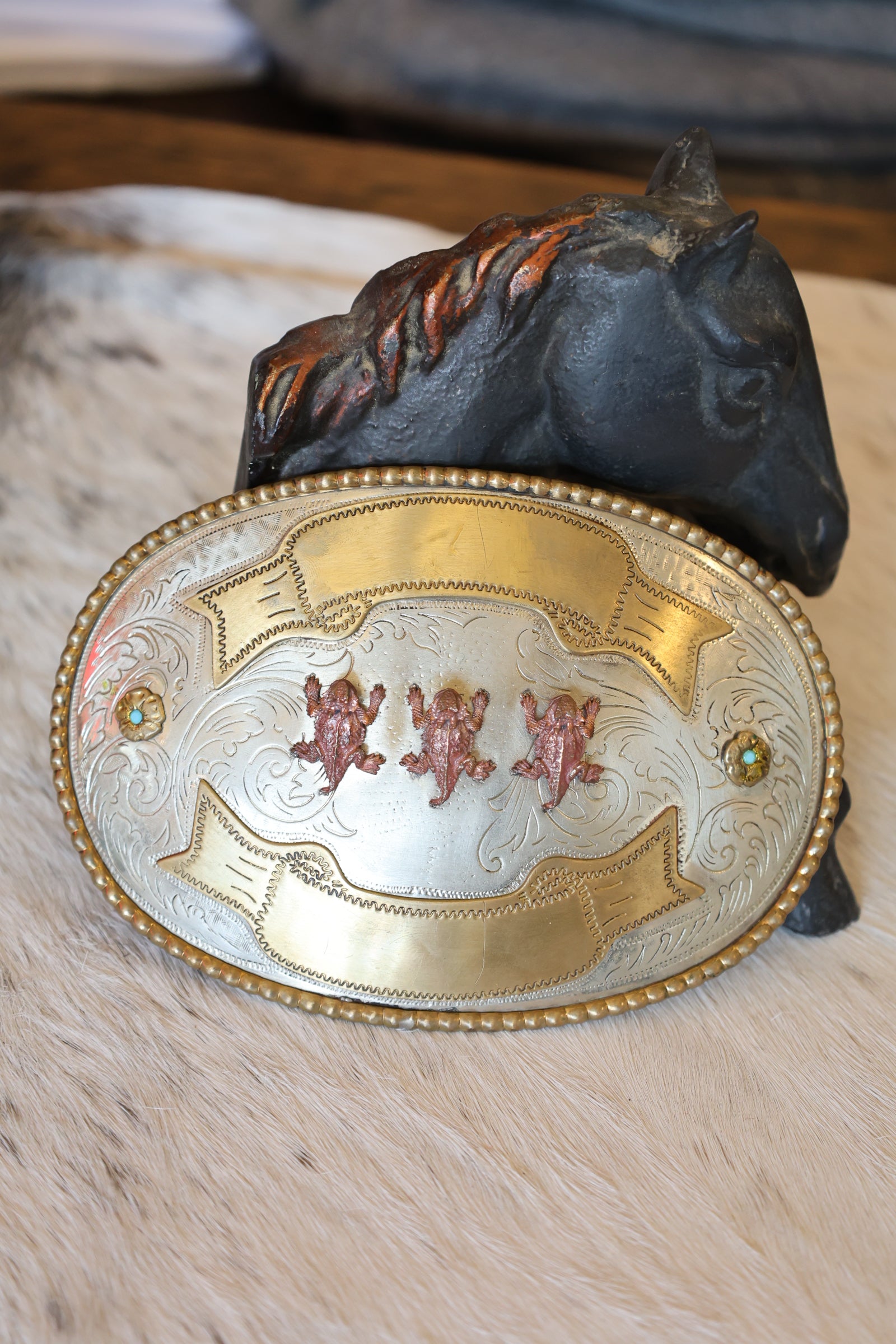 Triple Horned Frog Belt Buckle
