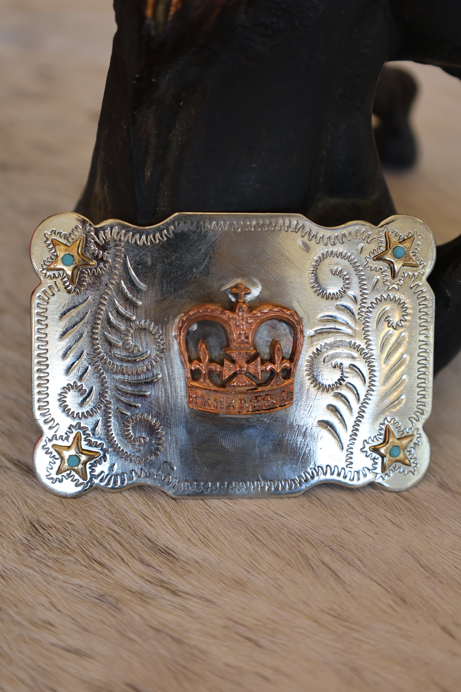 Vintage Crown Belt Buckle with Turquoise Stones