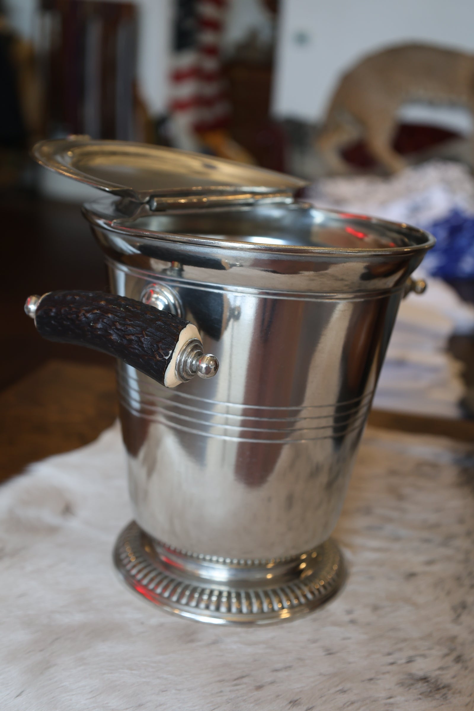 Pewter Ice Bucket with Antler Handles