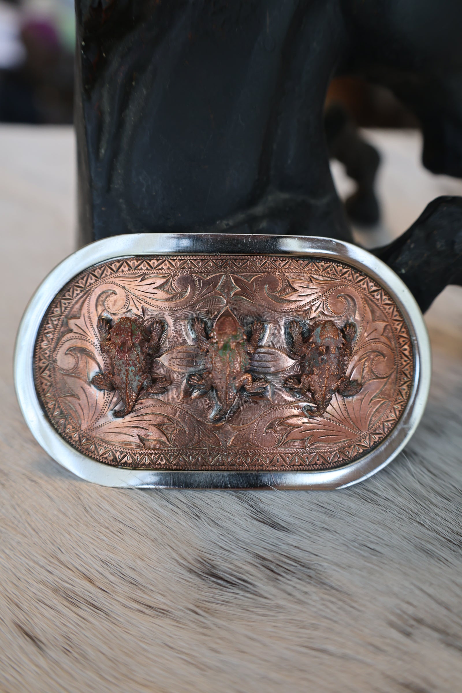 Three Horned Frogs Belt Buckle