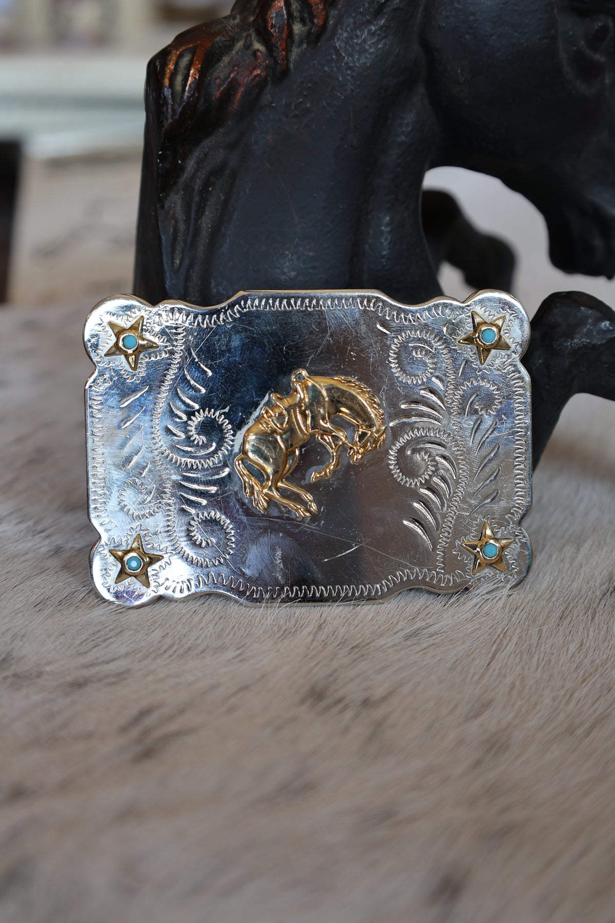 Bucking Bronc Buckle with Turquoise