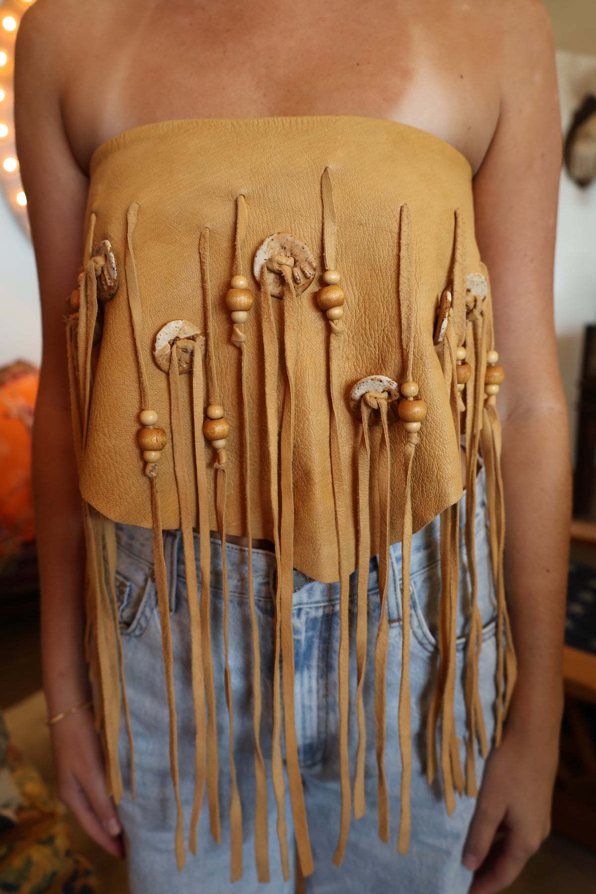Buckskin Leather Beaded Fringe Bandeau Top
