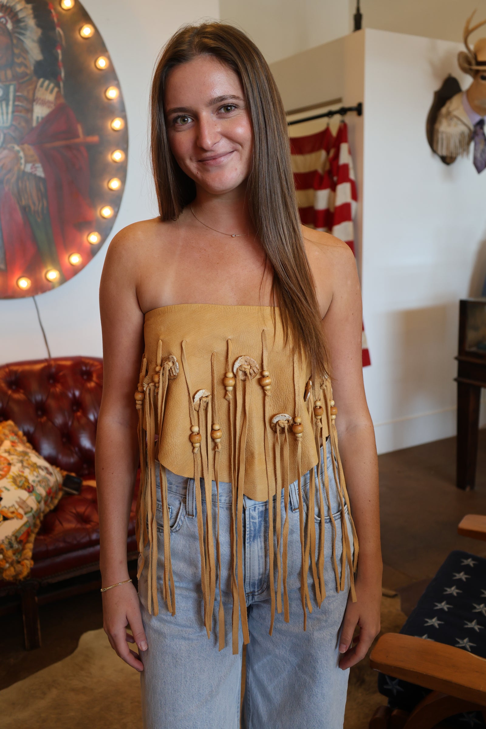 Buckskin Leather Beaded Fringe Bandeau Top