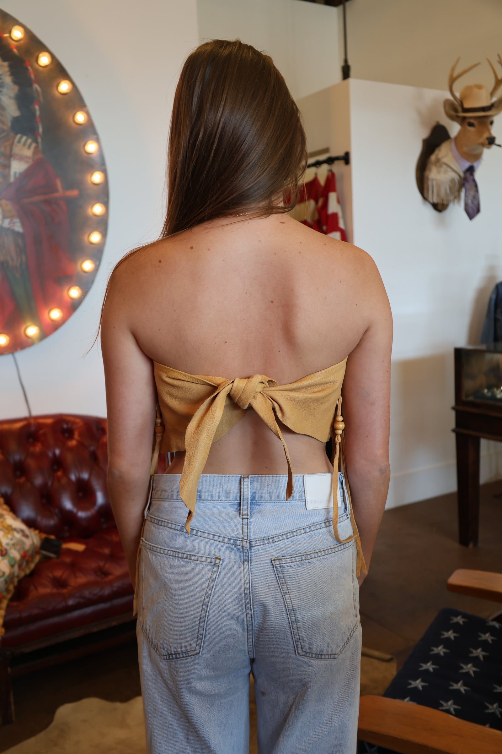 Buckskin Leather Beaded Fringe Bandeau Top