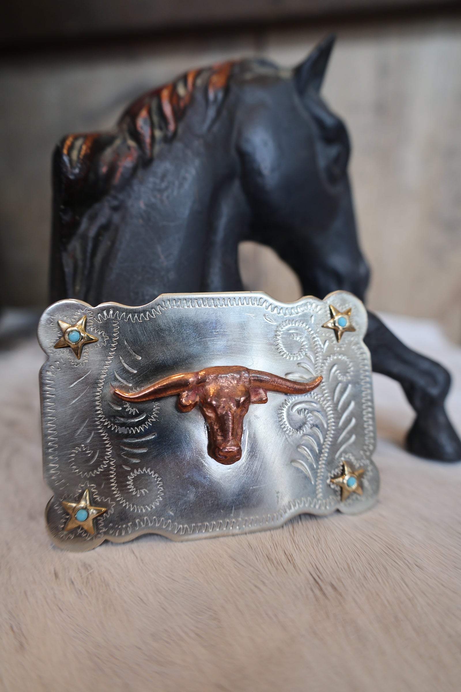Longhorn Buckle with Turquoise Stars