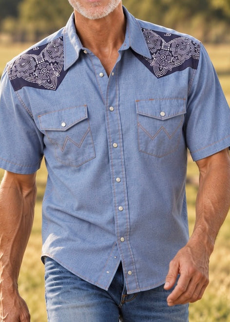Men's Denim Wrangler with Embellished Shoulders Patches in Blue