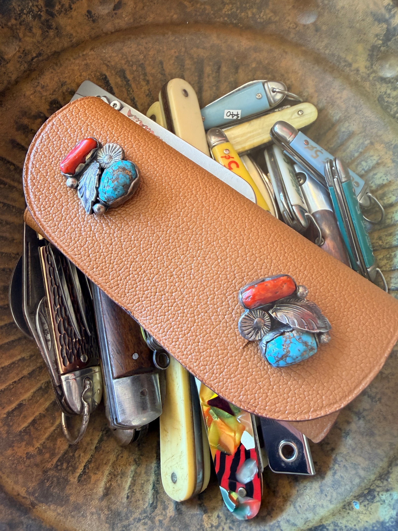 Zuni Turquoise Coral Leaf Cufflinks
