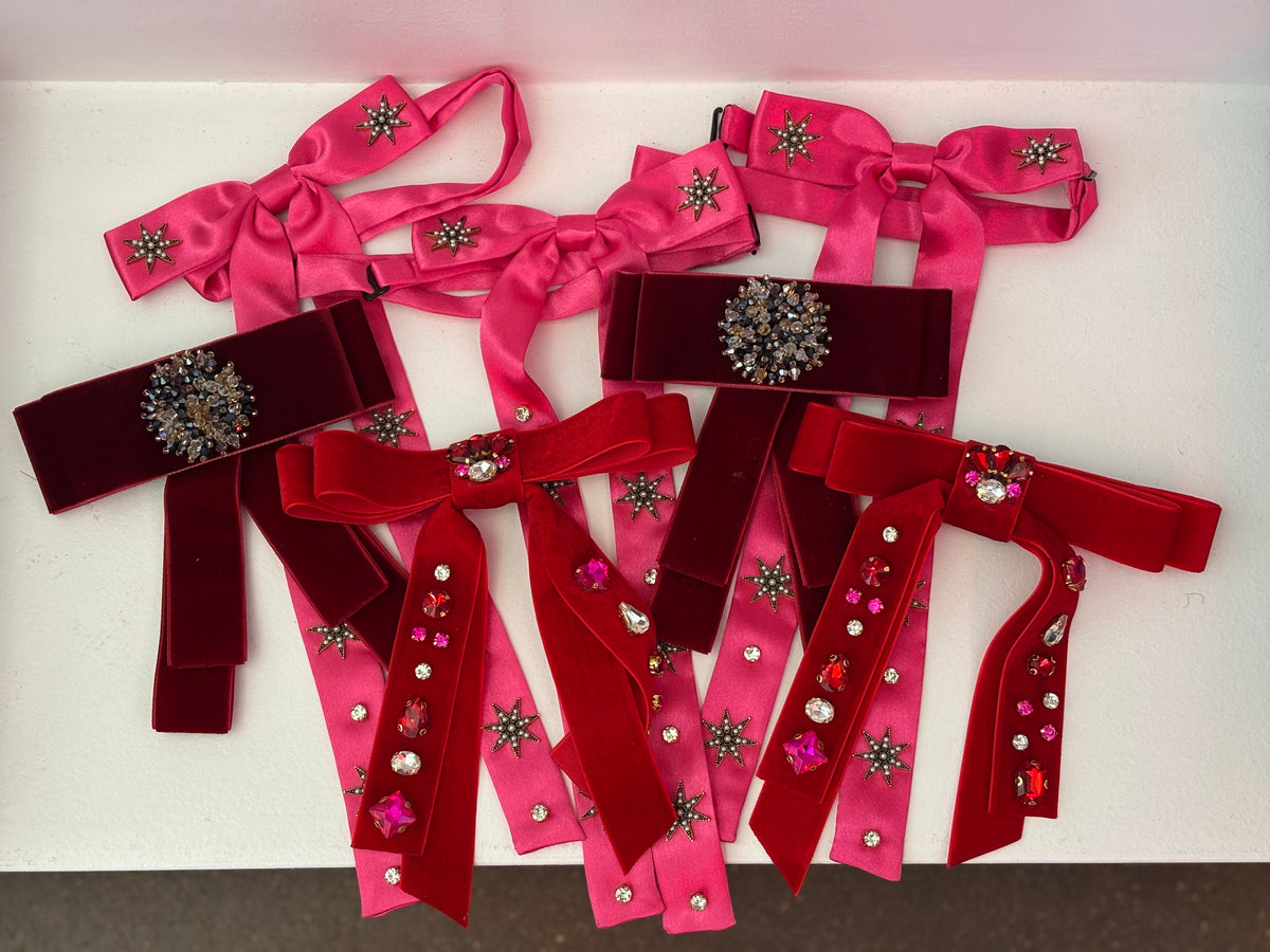 Red Velvet Bow Brooch with Embellishments