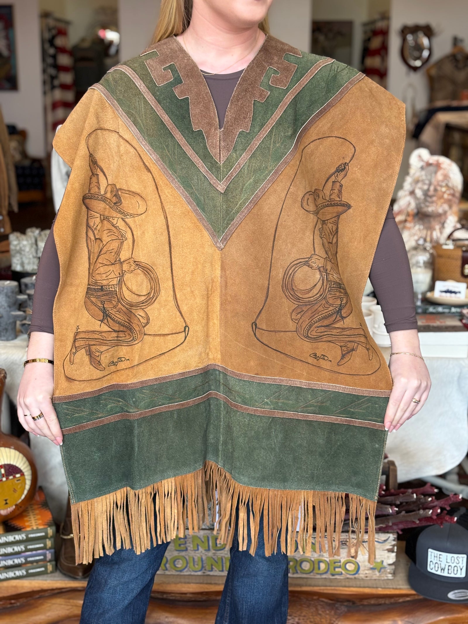 Vintage Suede Sombrero Cowboy Poncho