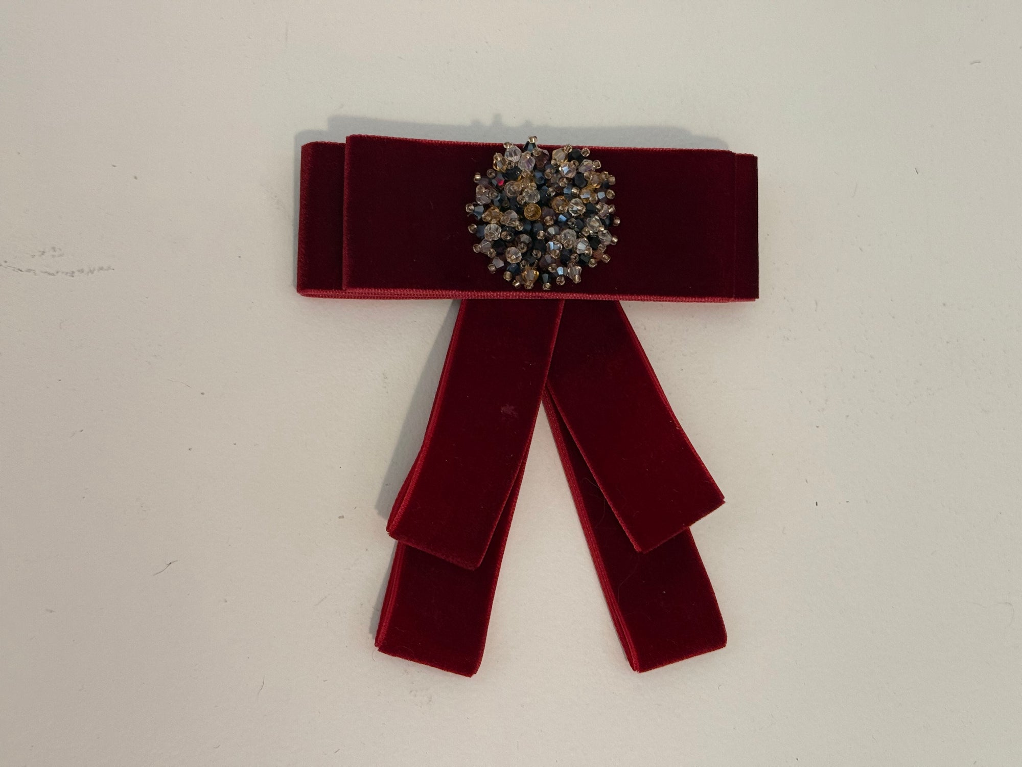 Red Velvet Bow Brooch with Embellishments