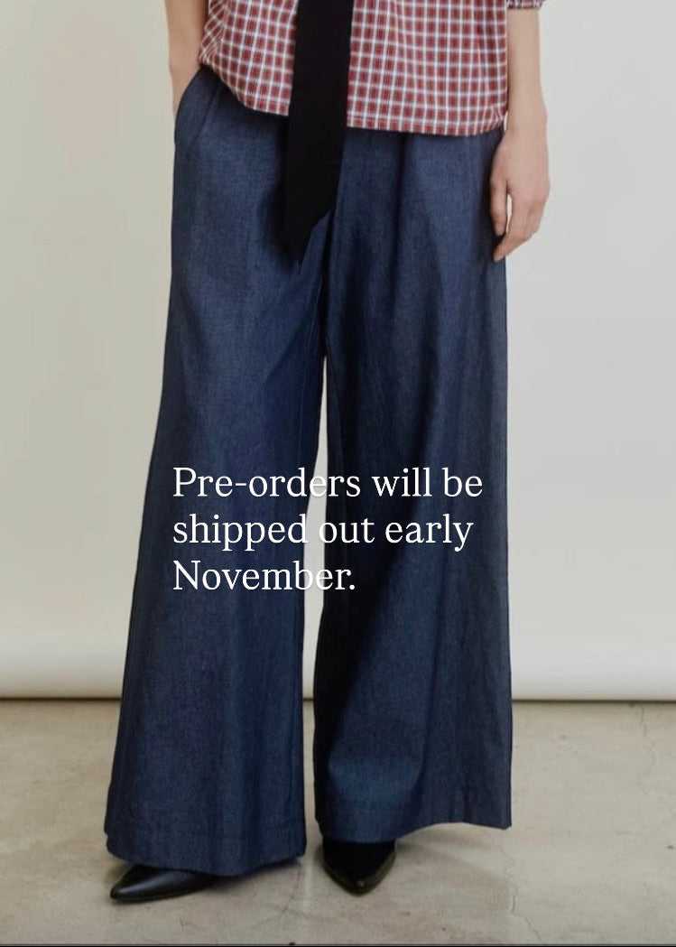 A model wearing dark blue wide-leg denim pants, a red and white checkered puff-sleeve shirt, and a black tie, standing against a plain off-white wall with text overlay that reads 'Pre-orders will be shipped out early November.'.