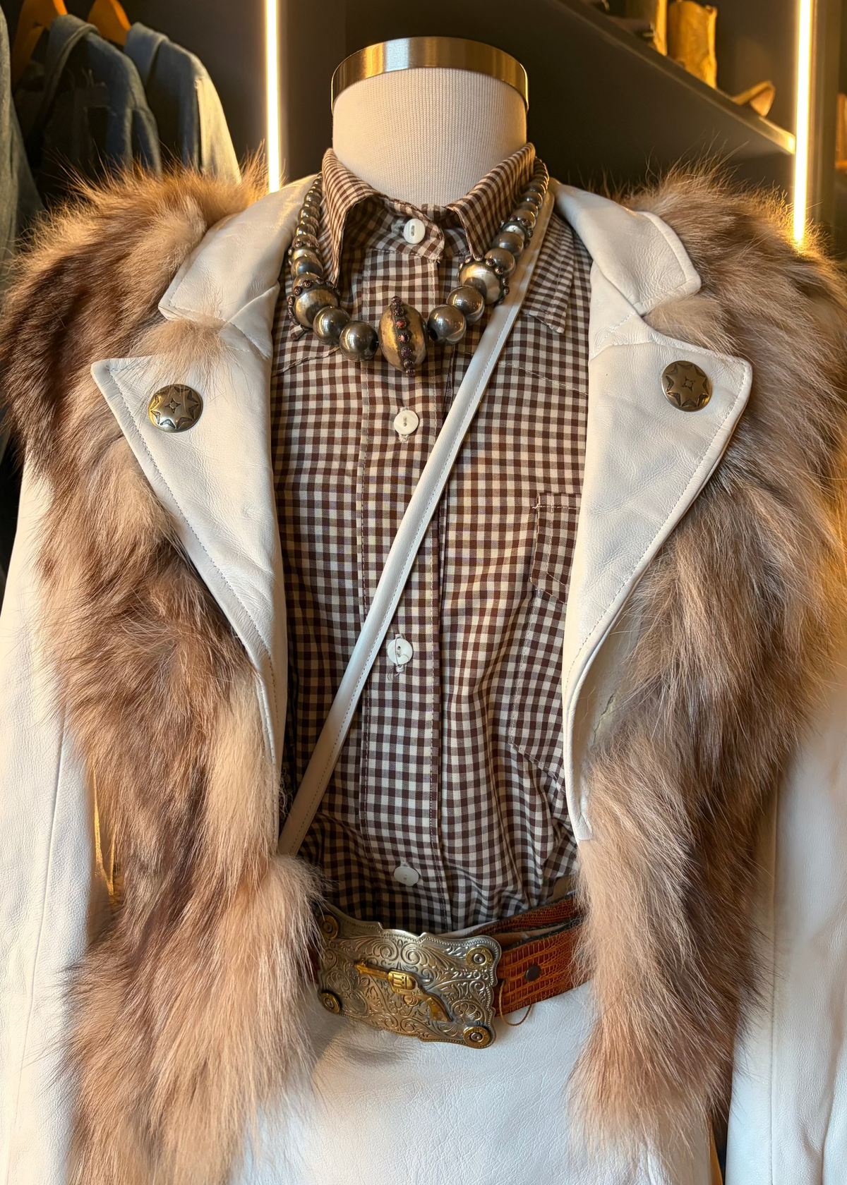 Early 1980s Custom Texas-Made White Leather & Fur Western Ensemble —  Urban Cowboy Vibes