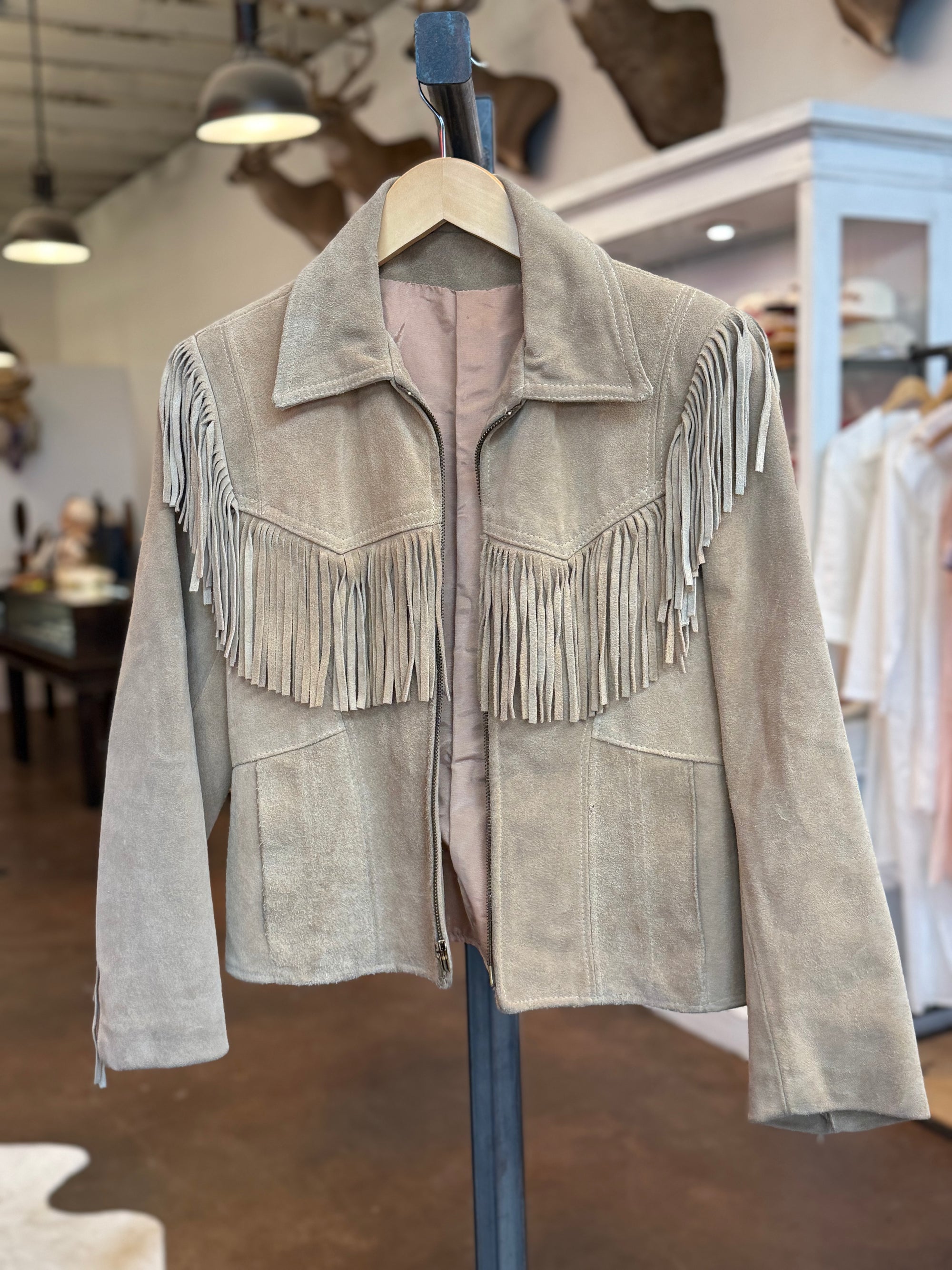 Vintage Suede Zip Up Fringe Jacket