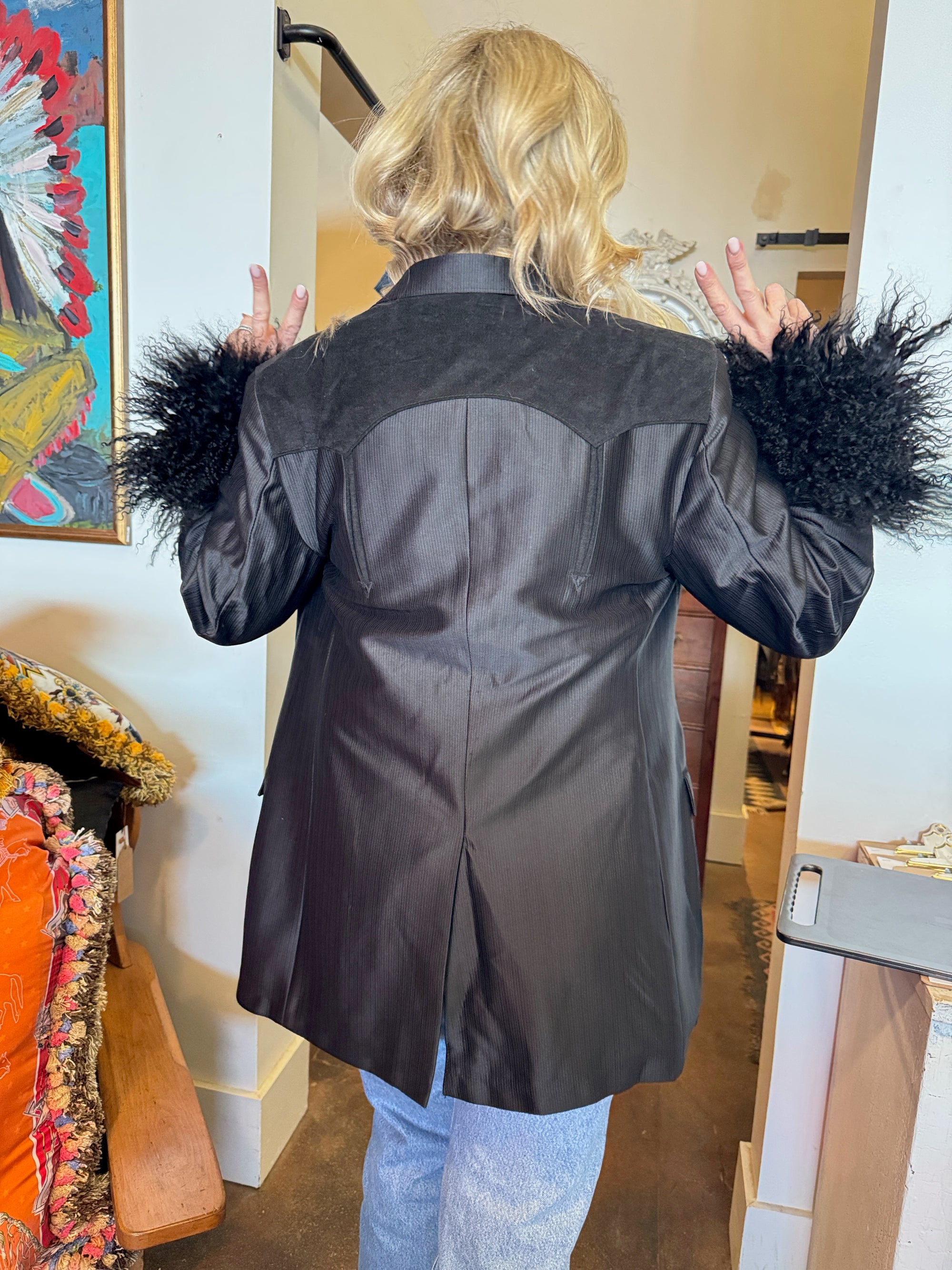 Vintage Black Blazer with Mongolian Lamb Cuff