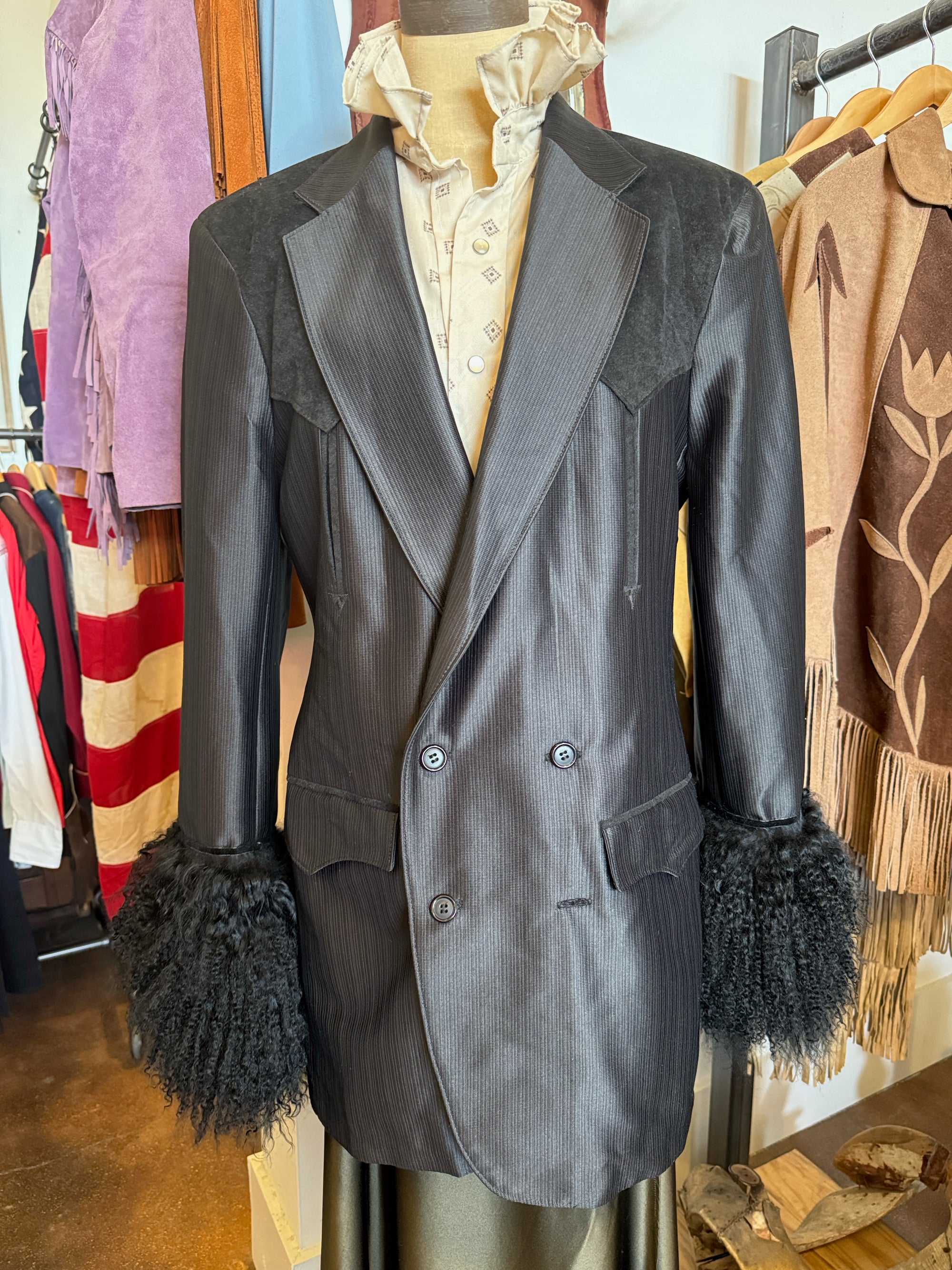 Vintage Black Blazer with Mongolian Lamb Cuff