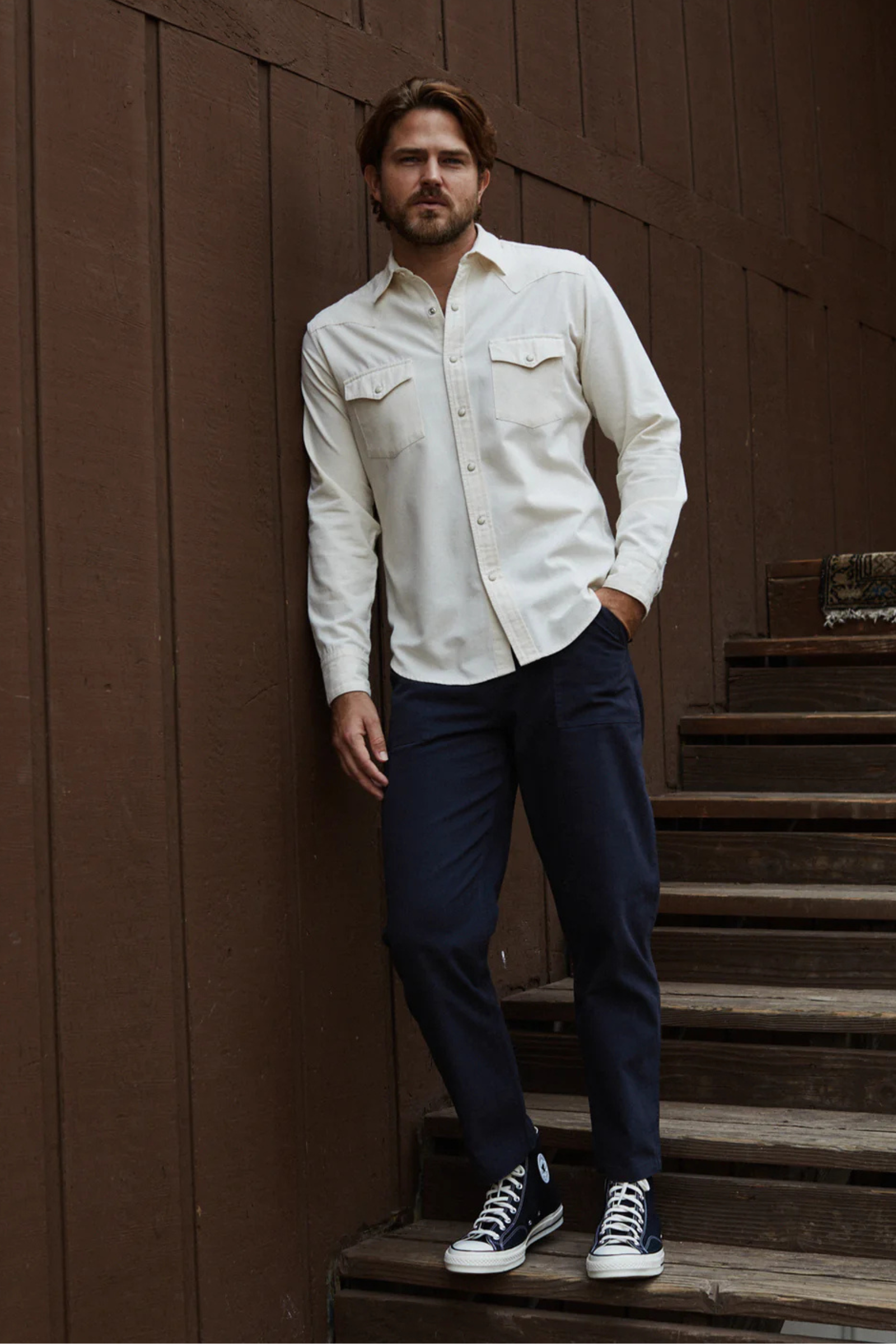 Bone Ecru Denim Long Sleeve Western Shirt